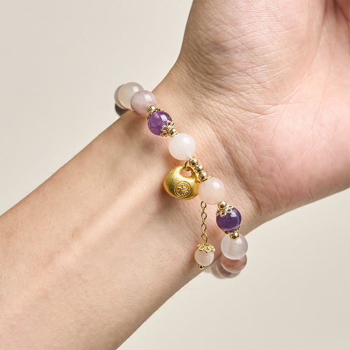 Buddha Stones Bracelet en jade et soie dorée Fu représentant un lapin, symbole de protection contre les mauvais esprits - image 3