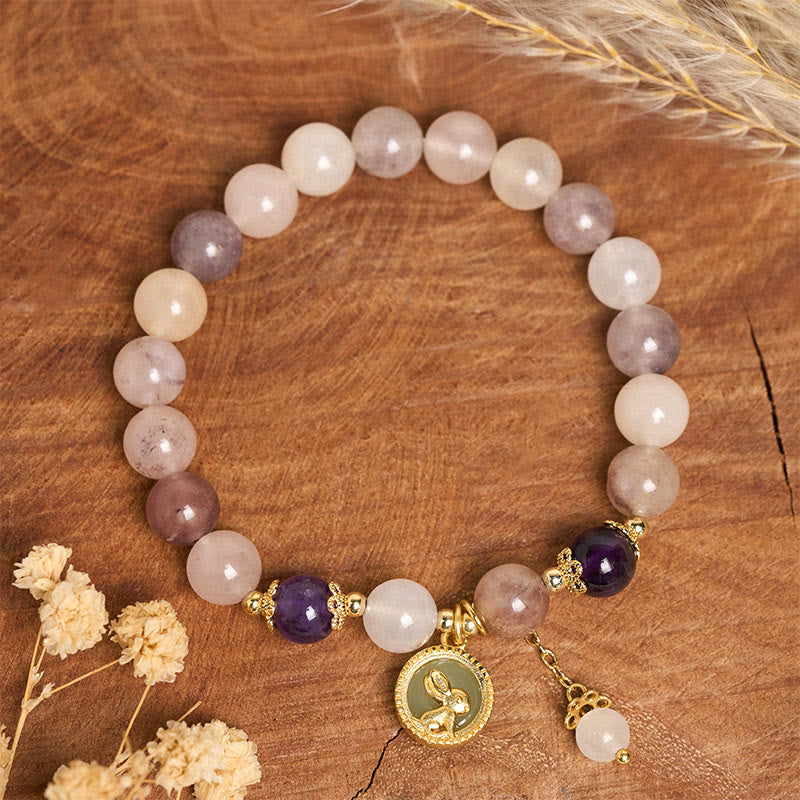 Buddha Stones Bracelet en jade et soie dorée Fu représentant un lapin, symbole de protection contre les mauvais esprits - image 8