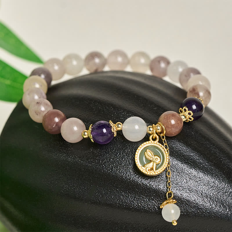 Buddha Stones Bracelet en jade et soie dorée Fu représentant un lapin, symbole de protection contre les mauvais esprits - image 9