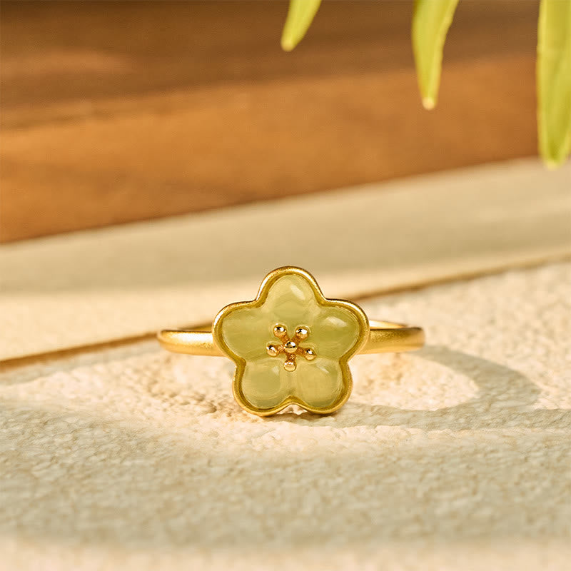Buddha Stones Bague porte-bonheur en cuivre et jade de Hetian, motif fleurs de prunier - image 2