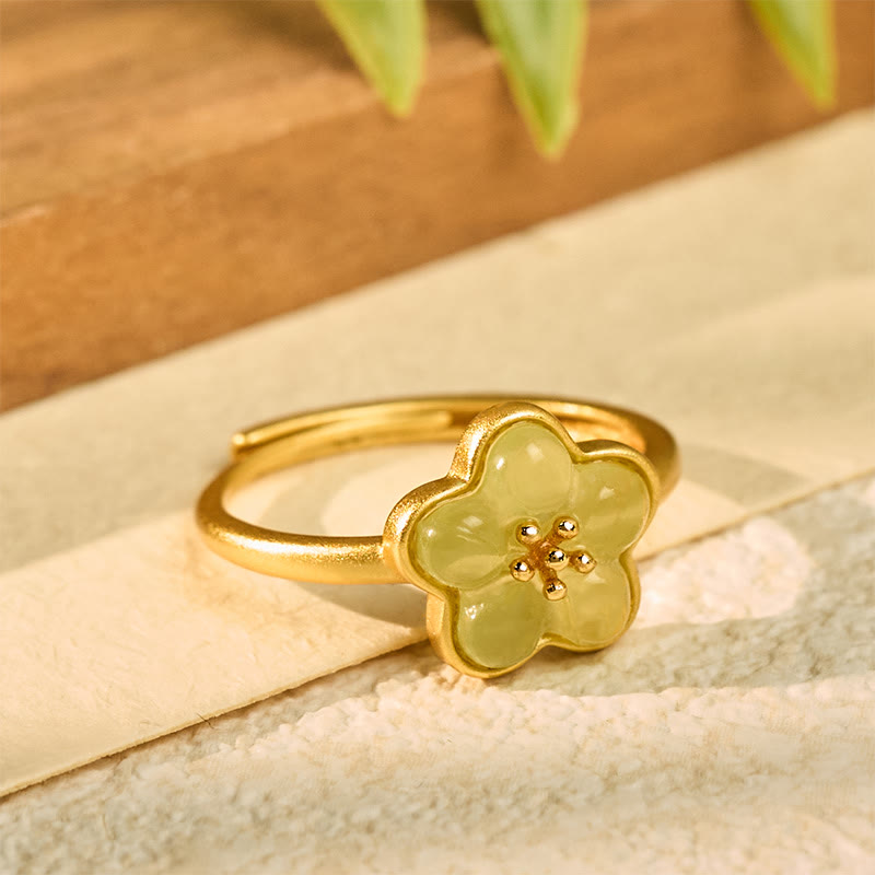 Buddha Stones Bague porte-bonheur en cuivre et jade de Hetian, motif fleurs de prunier - image 1