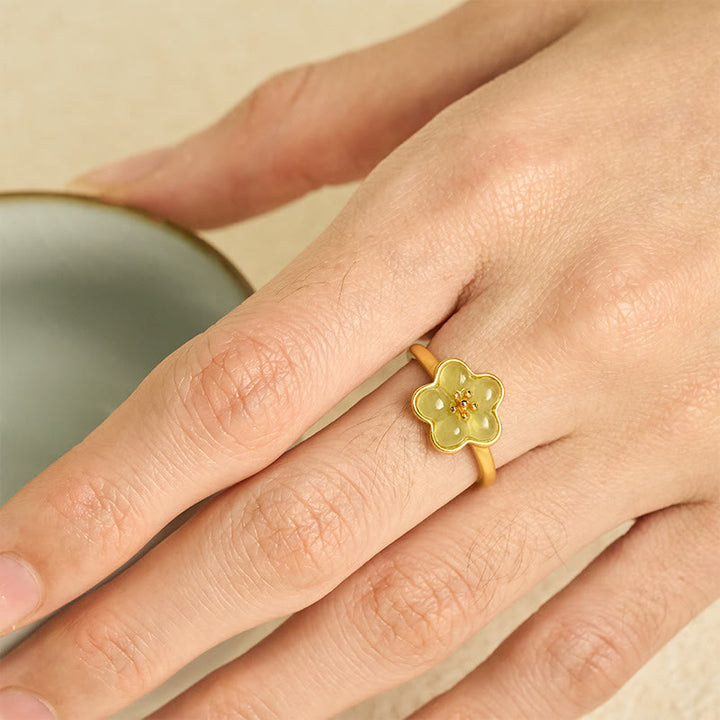 Buddha Stones Bague porte-bonheur en cuivre et jade de Hetian, motif fleurs de prunier - image 4