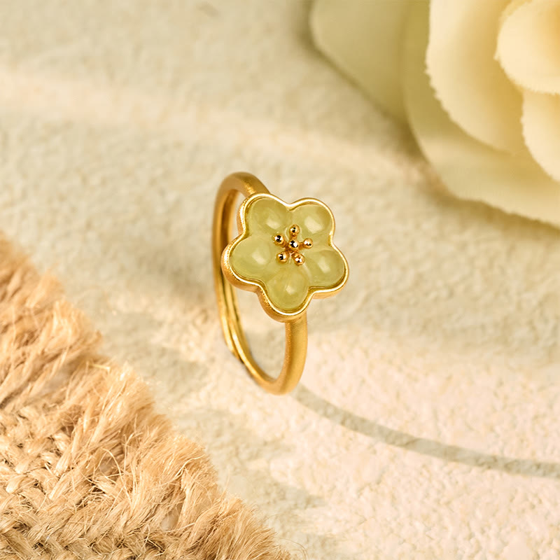 Buddha Stones Bague porte-bonheur en cuivre et jade de Hetian, motif fleurs de prunier - Cuivre de jade Hetian (réglable) - image 0