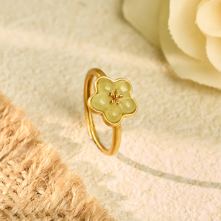 Buddha Stones Bague porte-bonheur en cuivre et jade de Hetian, motif fleurs de prunier - Cuivre de jade Hetian (réglable) - image 0