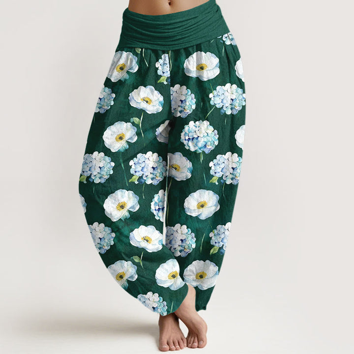 Buddha Stones Pantalon harem pour femme en coton frais et élégant à motif floral et taille élastique - Vert foncé - US16，UK/AU20，EU48 (3XL) - image 0
