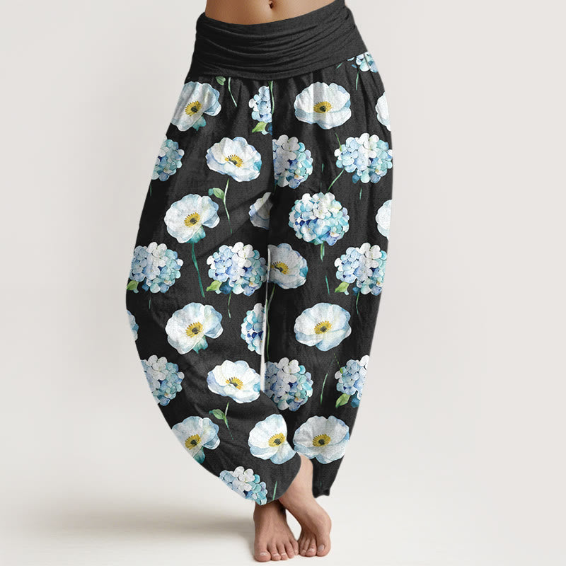 Buddha Stones Pantalon harem pour femme en coton frais et élégant à motif floral et taille élastique - Noir - US16，UK/AU20，EU48 (3XL) - image 5
