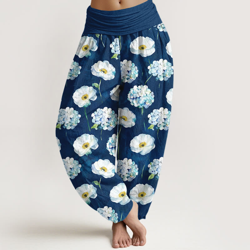 Buddha Stones Pantalon harem pour femme en coton frais et élégant à motif floral et taille élastique - Bleu foncé - US16，UK/AU20，EU48 (3XL) - image 8