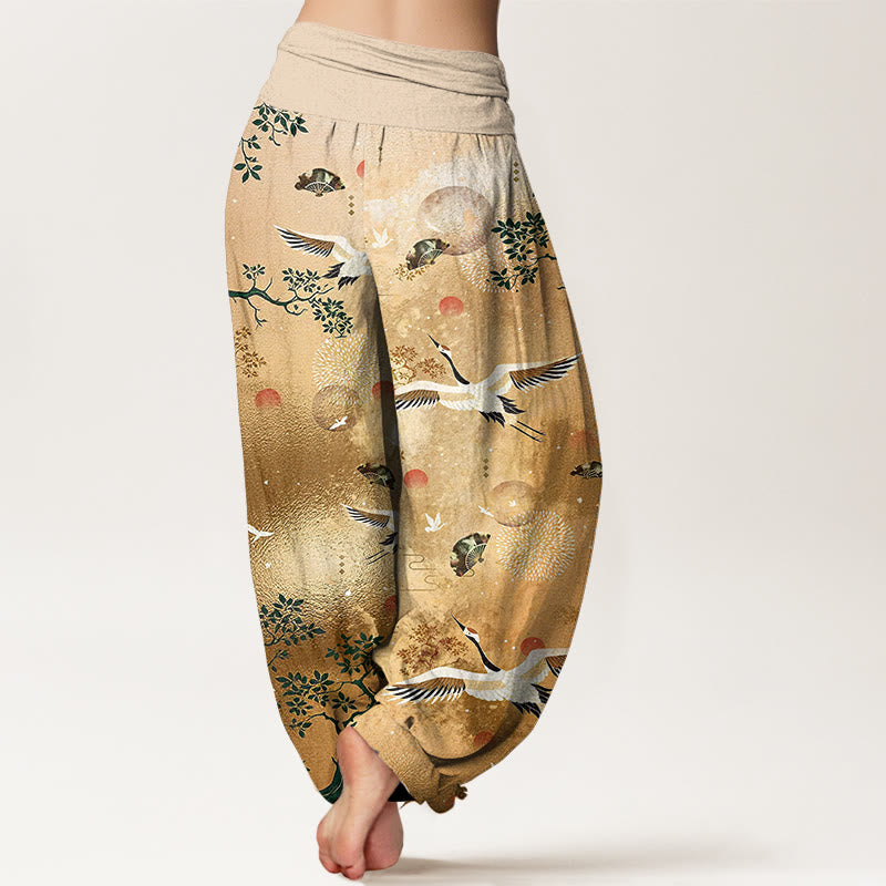 Buddha Stones Pantalon harem pour femme en coton à taille élastique, motif traditionnel grue, pin, oiseau, éventail et soleil - image 1
