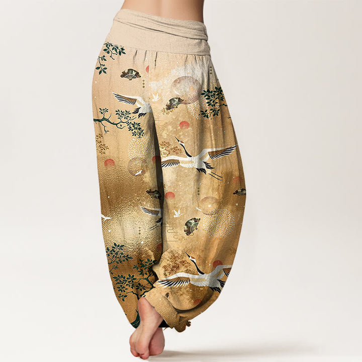Buddha Stones Pantalon harem pour femme en coton à taille élastique, motif traditionnel grue, pin, oiseau, éventail et soleil - image 1