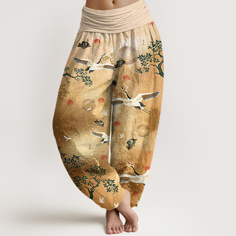 Buddha Stones Pantalon harem pour femme en coton à taille élastique, motif traditionnel grue, pin, oiseau, éventail et soleil - verge d'or - US16，UK/AU20，EU48 (3XL) - image 0