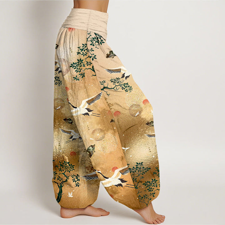 Buddha Stones Pantalon harem pour femme en coton à taille élastique, motif traditionnel grue, pin, oiseau, éventail et soleil - image 2