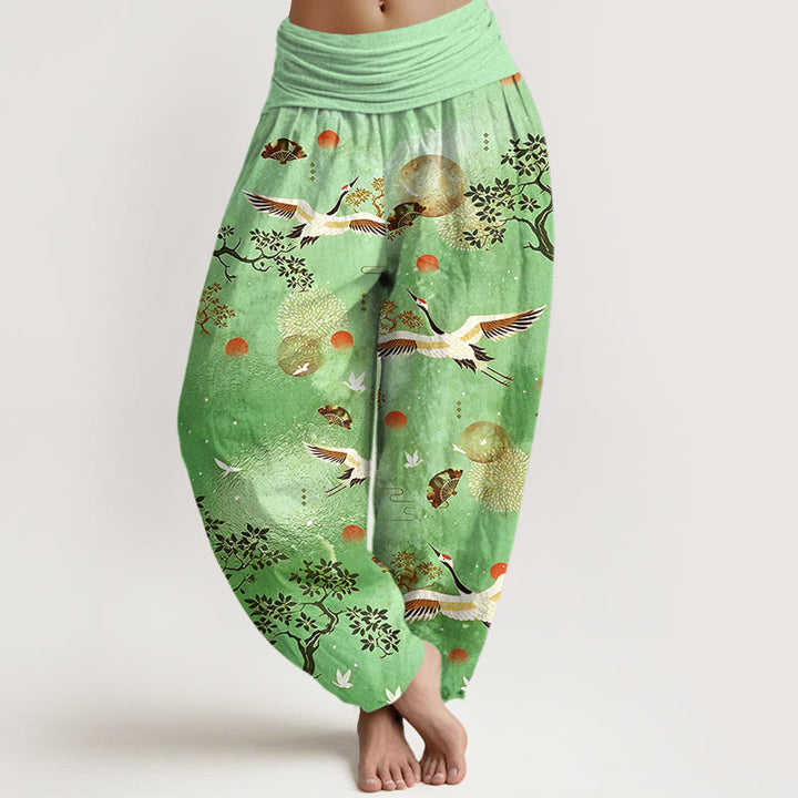 Buddha Stones Pantalon harem pour femme en coton à taille élastique, motif traditionnel grue, pin, oiseau, éventail et soleil - Vert citron - US16，UK/AU20，EU48 (3XL) - image 5