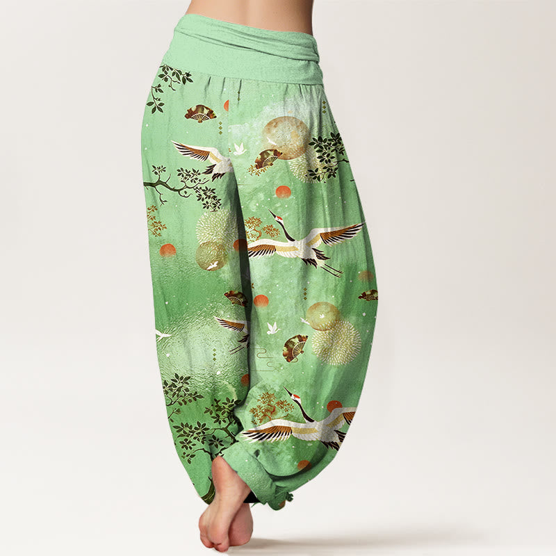 Buddha Stones Pantalon harem pour femme en coton à taille élastique, motif traditionnel grue, pin, oiseau, éventail et soleil - image 6