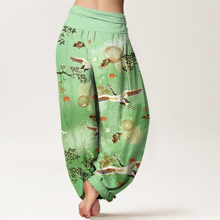 Buddha Stones Pantalon harem pour femme en coton à taille élastique, motif traditionnel grue, pin, oiseau, éventail et soleil - image 6