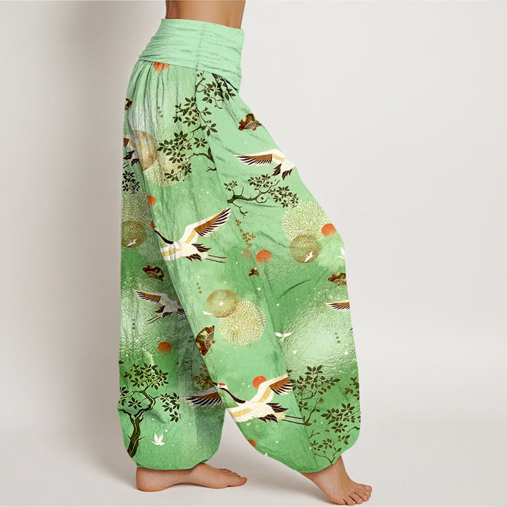Buddha Stones Pantalon harem pour femme en coton à taille élastique, motif traditionnel grue, pin, oiseau, éventail et soleil - image 7
