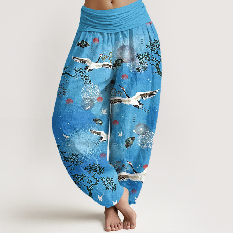 Buddha Stones Pantalon harem pour femme en coton à taille élastique, motif traditionnel grue, pin, oiseau, éventail et soleil - DodgerBlue - US16，UK/AU20，EU48 (3XL) - image 8