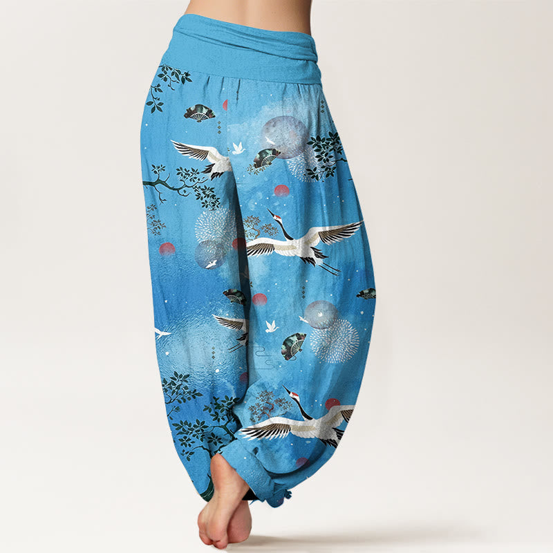 Buddha Stones Pantalon harem pour femme en coton à taille élastique, motif traditionnel grue, pin, oiseau, éventail et soleil - image 9