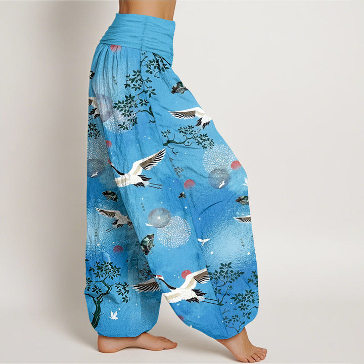 Buddha Stones Pantalon harem pour femme en coton à taille élastique, motif traditionnel grue, pin, oiseau, éventail et soleil - image 10