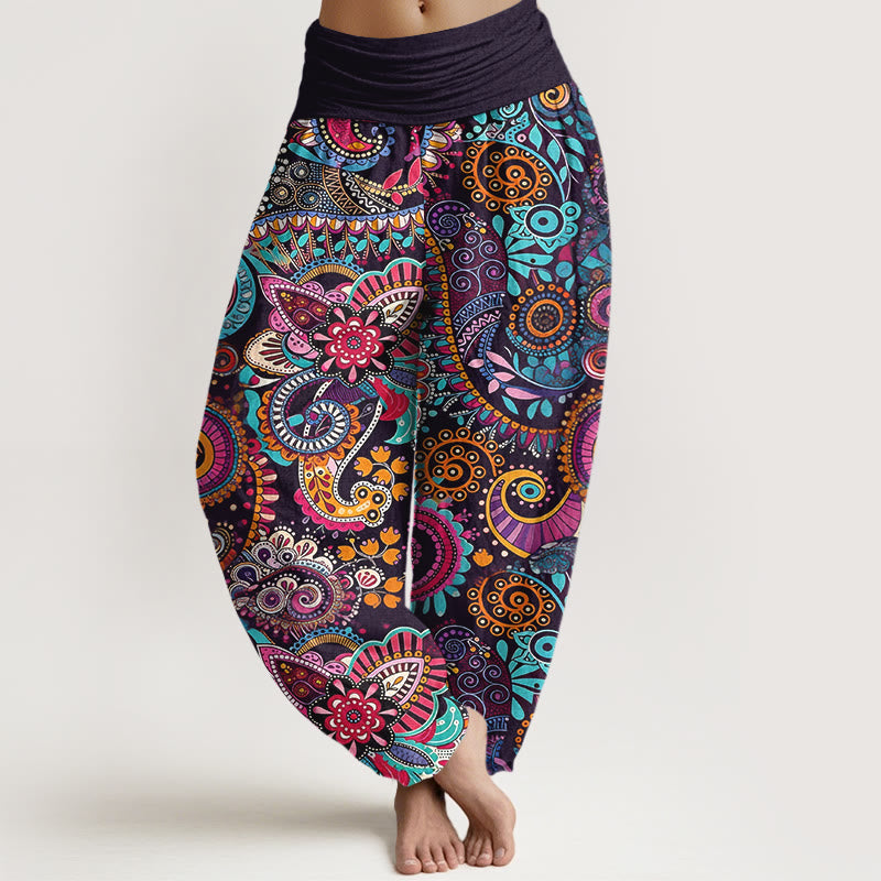 Buddha Stones Pantalon harem pour femme en coton à motif cachemire traditionnel et taille élastique - Noir - US16，UK/AU20，EU48 (3XL) - image 0