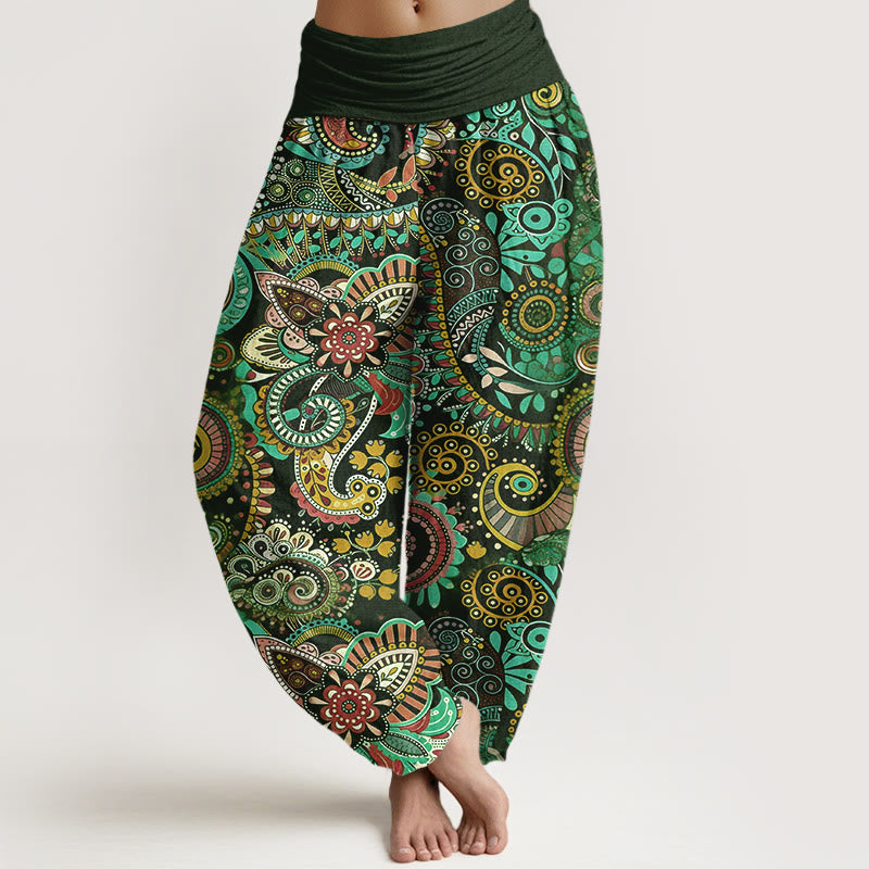 Buddha Stones Pantalon harem pour femme en coton à motif cachemire traditionnel et taille élastique - Vert foncé - US16，UK/AU20，EU48 (3XL) - image 5