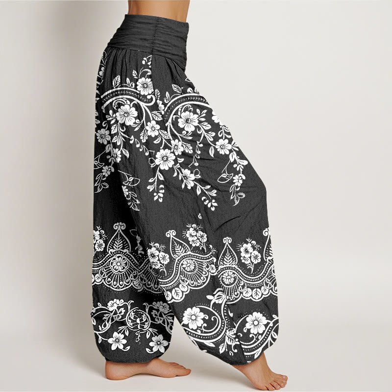 Buddha Stones Pantalon harem à taille élastique pour femme, en coton à motif traditionnel de fleurs et de feuilles de vigne. - image 2
