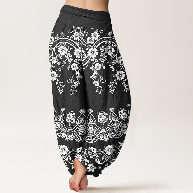 Buddha Stones Pantalon harem à taille élastique pour femme, en coton à motif traditionnel de fleurs et de feuilles de vigne. - image 1