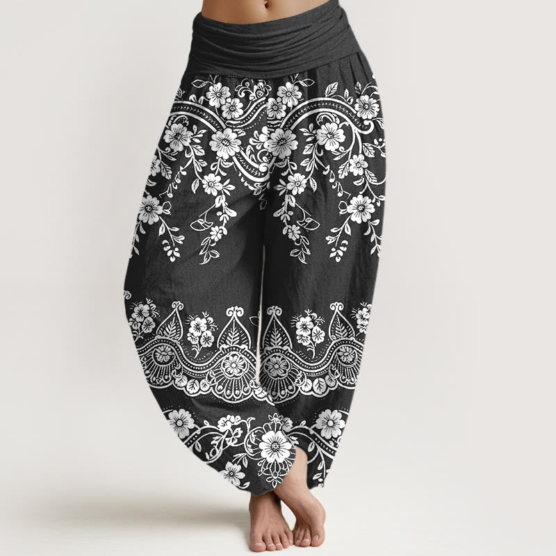 Buddha Stones Pantalon harem à taille élastique pour femme, en coton à motif traditionnel de fleurs et de feuilles de vigne. - Noir - US16，UK/AU20，EU48 (3XL) - image 0