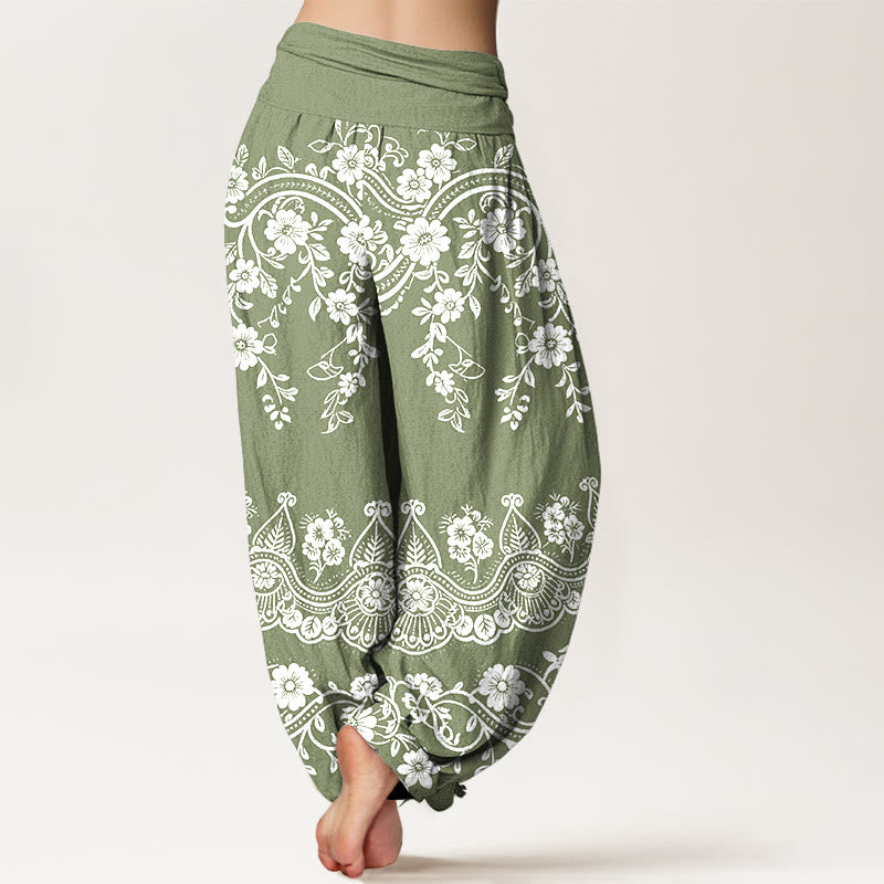 Buddha Stones Pantalon harem à taille élastique pour femme, en coton à motif traditionnel de fleurs et de feuilles de vigne. - image 6