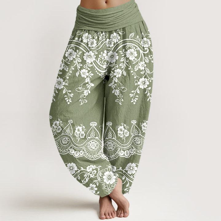 Buddha Stones Pantalon harem à taille élastique pour femme, en coton à motif traditionnel de fleurs et de feuilles de vigne. - Vert foncé - US16，UK/AU20，EU48 (3XL) - image 5