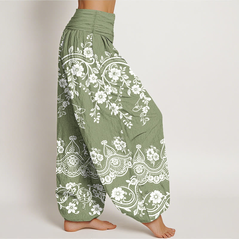 Buddha Stones Pantalon harem à taille élastique pour femme, en coton à motif traditionnel de fleurs et de feuilles de vigne. - image 7