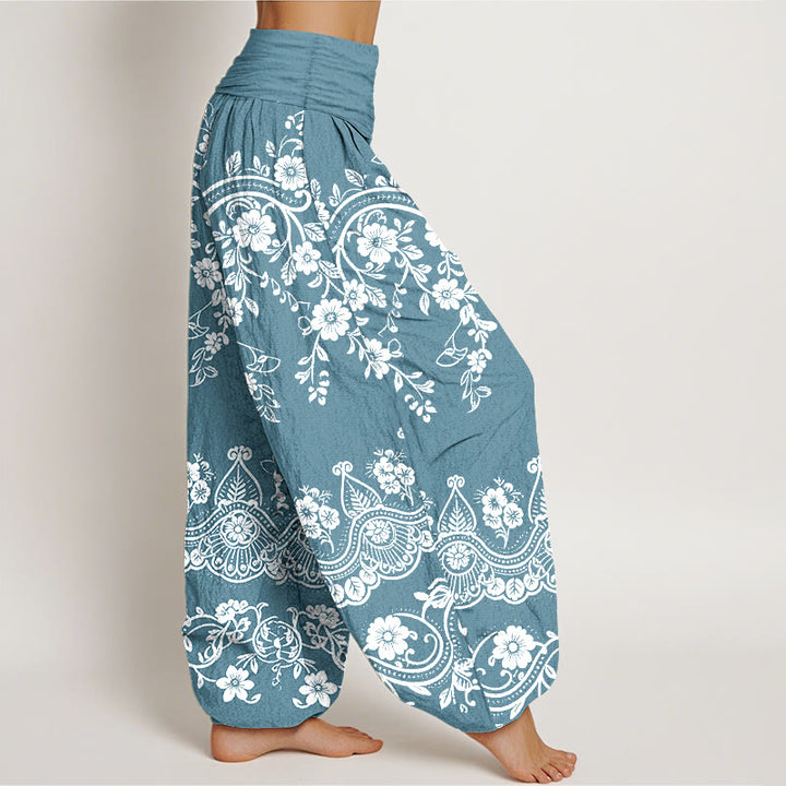 Buddha Stones Pantalon harem à taille élastique pour femme, en coton à motif traditionnel de fleurs et de feuilles de vigne. - image 10