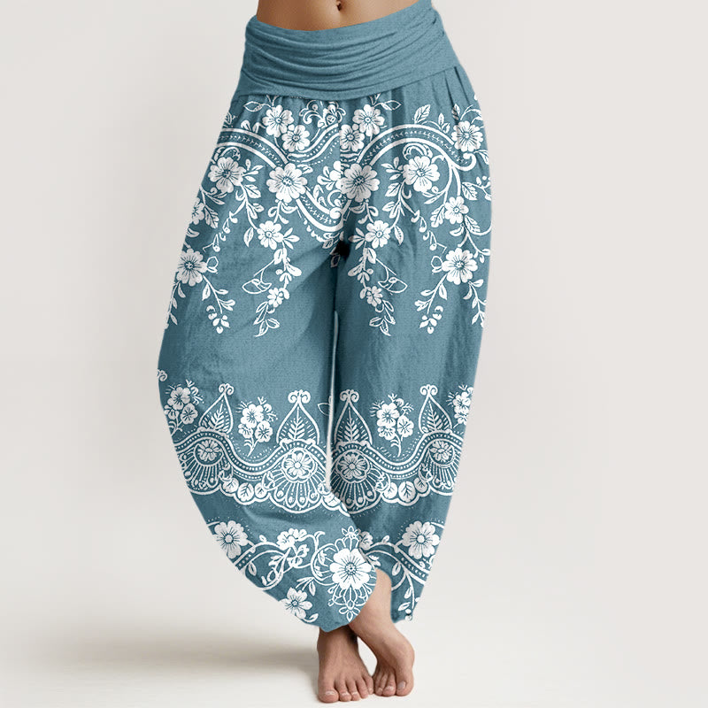 Buddha Stones Pantalon harem à taille élastique pour femme, en coton à motif traditionnel de fleurs et de feuilles de vigne. - Bleu ciel - US16，UK/AU20，EU48 (3XL) - image 8