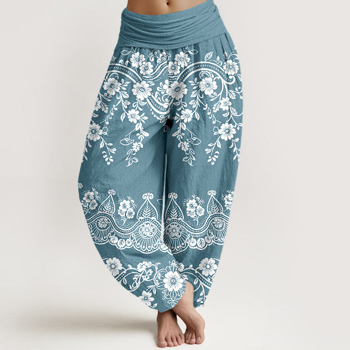 Buddha Stones Pantalon harem à taille élastique pour femme, en coton à motif traditionnel de fleurs et de feuilles de vigne. - Bleu ciel - US16，UK/AU20，EU48 (3XL) - image 8