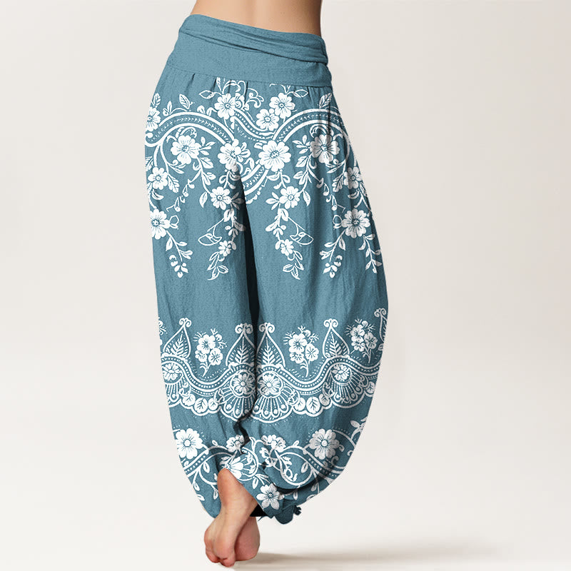 Buddha Stones Pantalon harem à taille élastique pour femme, en coton à motif traditionnel de fleurs et de feuilles de vigne. - image 9