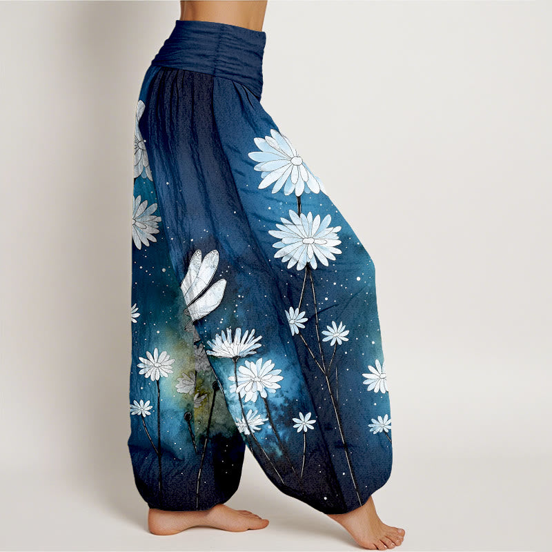 Buddha Stones Pantalon harem à taille élastique pour femme, motif marguerite et libellule en coton. - image 2