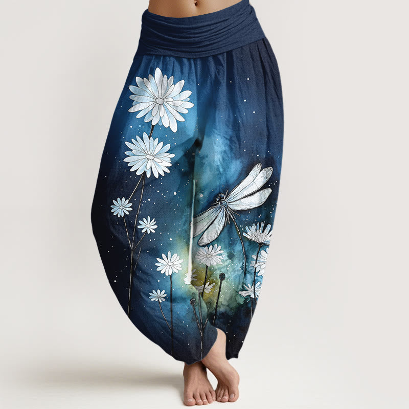 Buddha Stones Pantalon harem à taille élastique pour femme, motif marguerite et libellule en coton. - Bleu foncé - US16，UK/AU20，EU48 (3XL) - image 0
