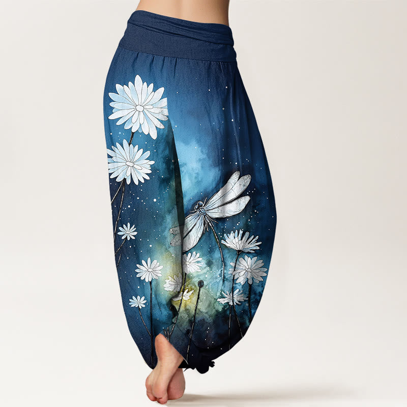 Buddha Stones Pantalon harem à taille élastique pour femme, motif marguerite et libellule en coton. - image 1