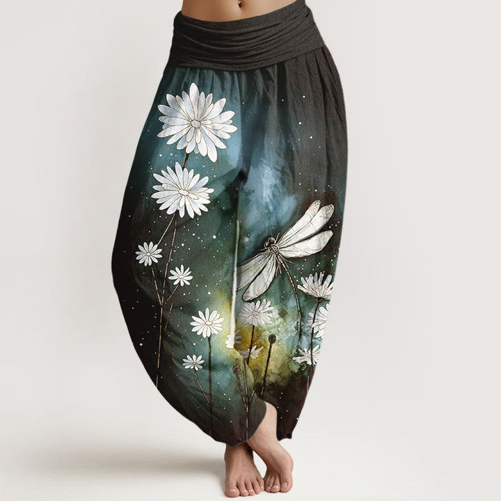 Buddha Stones Pantalon harem à taille élastique pour femme, motif marguerite et libellule en coton. - Noir - US16，UK/AU20，EU48 (3XL) - image 5