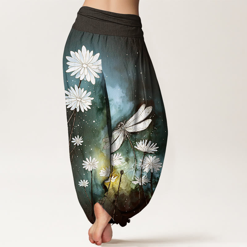Buddha Stones Pantalon harem à taille élastique pour femme, motif marguerite et libellule en coton. - image 6