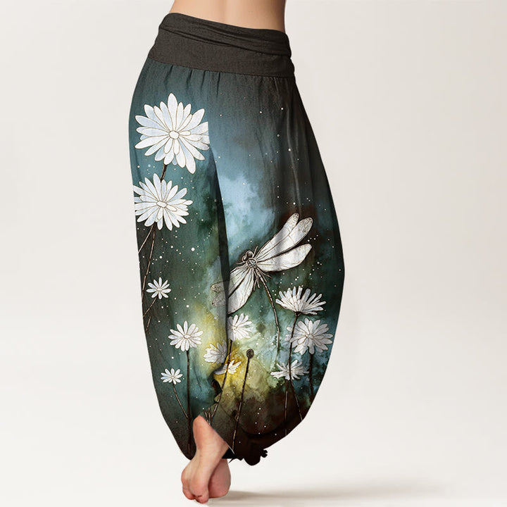 Buddha Stones Pantalon harem à taille élastique pour femme, motif marguerite et libellule en coton. - image 6