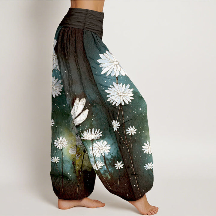 Buddha Stones Pantalon harem à taille élastique pour femme, motif marguerite et libellule en coton. - image 7