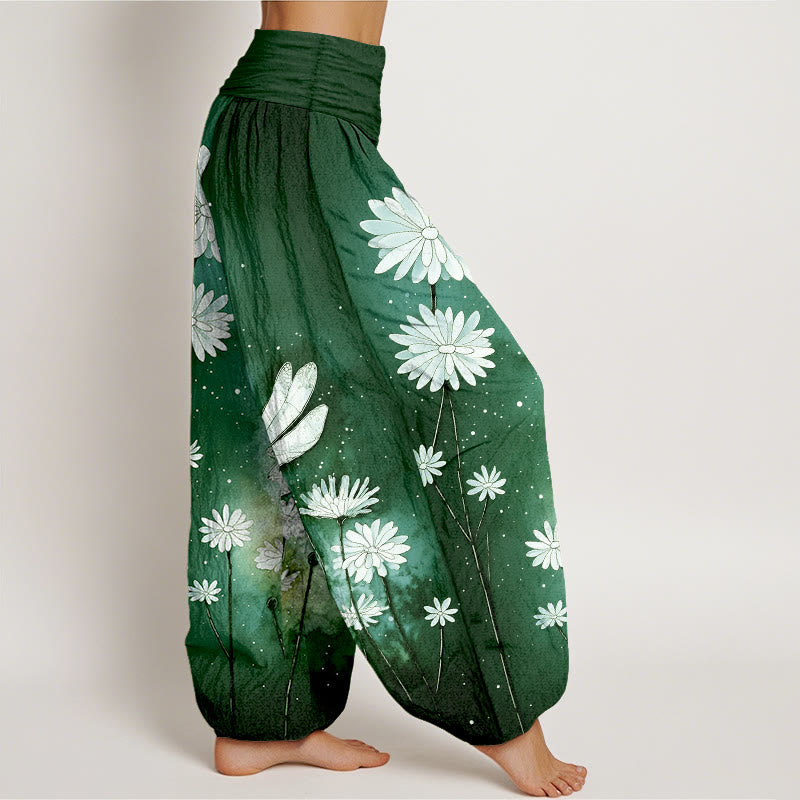 Buddha Stones Pantalon harem à taille élastique pour femme, motif marguerite et libellule en coton. - image 10