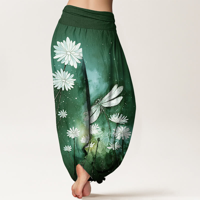 Buddha Stones Pantalon harem à taille élastique pour femme, motif marguerite et libellule en coton. - image 9