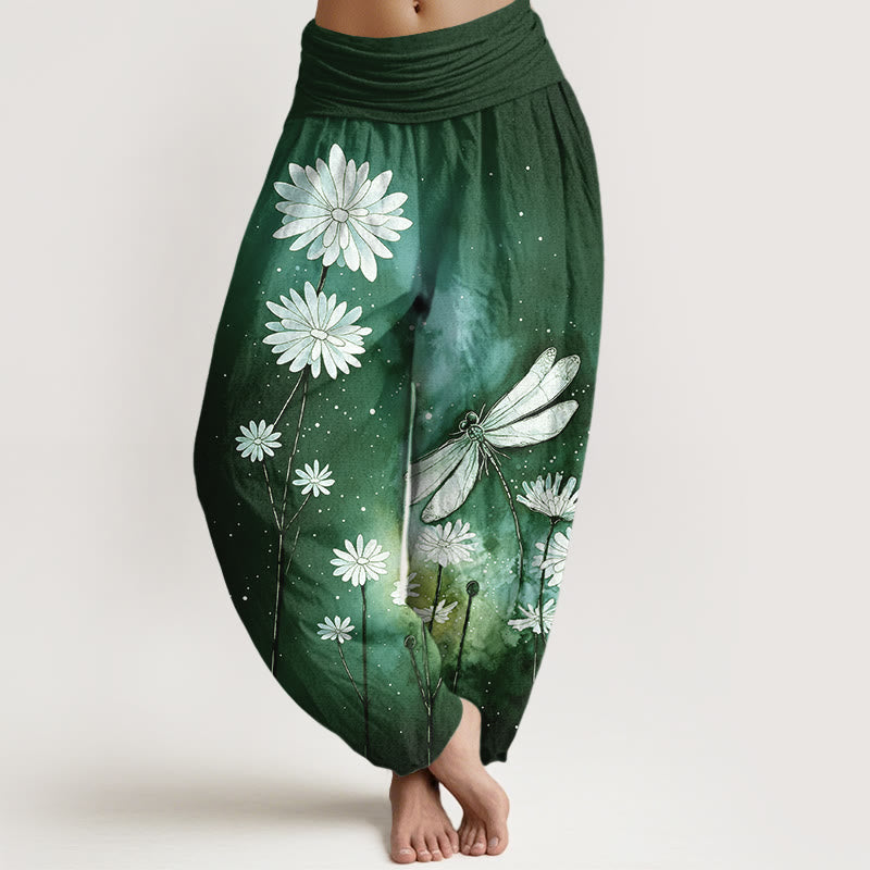 Buddha Stones Pantalon harem à taille élastique pour femme, motif marguerite et libellule en coton. - Vert foncé - US16，UK/AU20，EU48 (3XL) - image 8