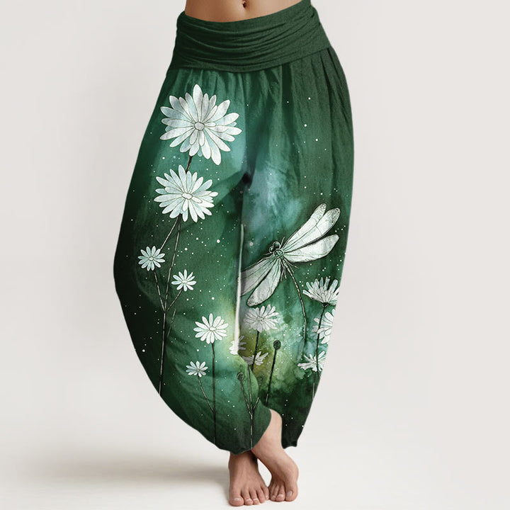 Buddha Stones Pantalon harem à taille élastique pour femme, motif marguerite et libellule en coton. - Vert foncé - US16，UK/AU20，EU48 (3XL) - image 8