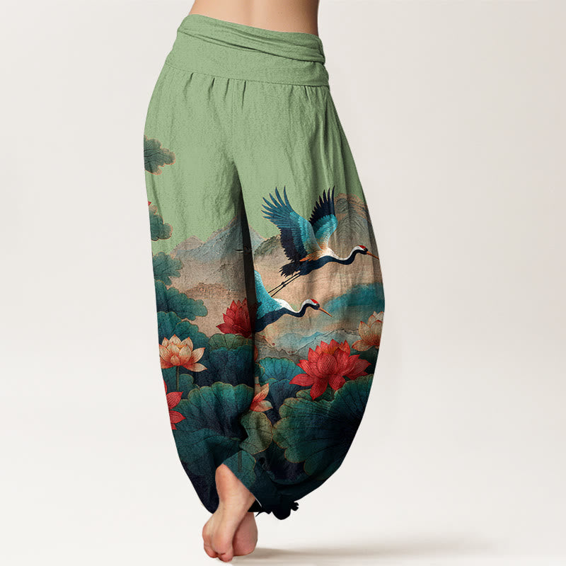 Buddha Stones Pantalon harem pour femme en coton à taille élastique, motif classique de fleur de lotus, de grue et de montagne - image 1