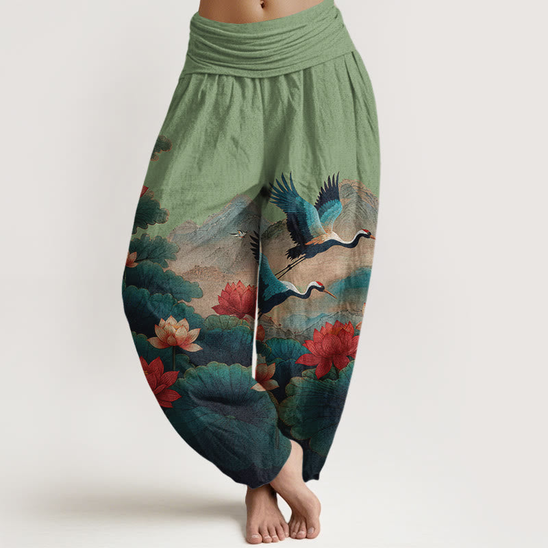 Buddha Stones Pantalon harem pour femme en coton à taille élastique, motif classique de fleur de lotus, de grue et de montagne - Vert mer moyen - US16，UK/AU20，EU48 (3XL) - image 0