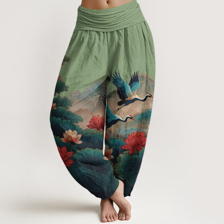 Buddha Stones Pantalon harem pour femme en coton à taille élastique, motif classique de fleur de lotus, de grue et de montagne - Vert mer moyen - US16，UK/AU20，EU48 (3XL) - image 0
