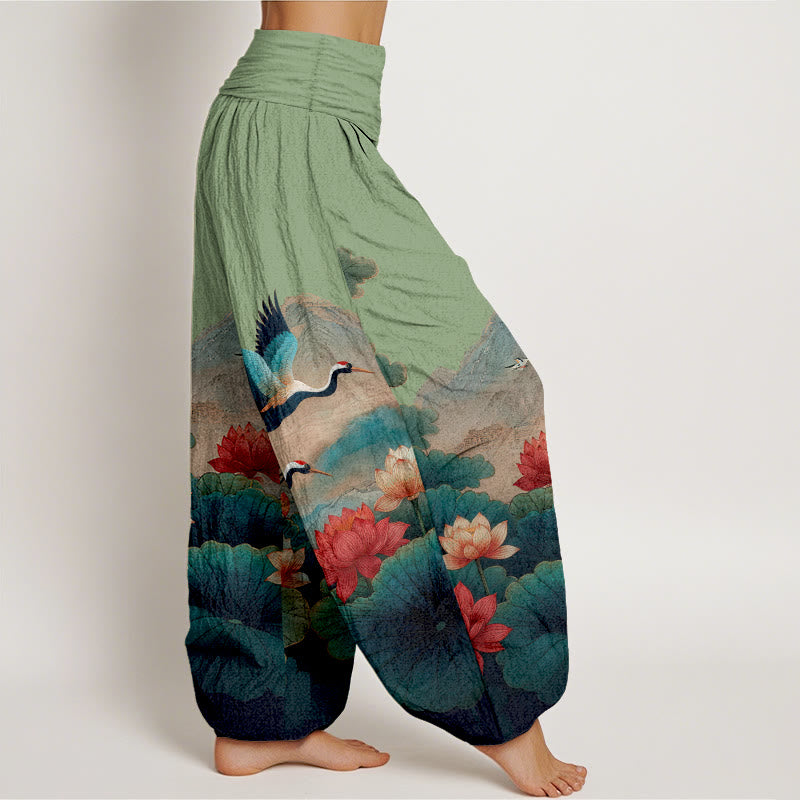 Buddha Stones Pantalon harem pour femme en coton à taille élastique, motif classique de fleur de lotus, de grue et de montagne - image 2