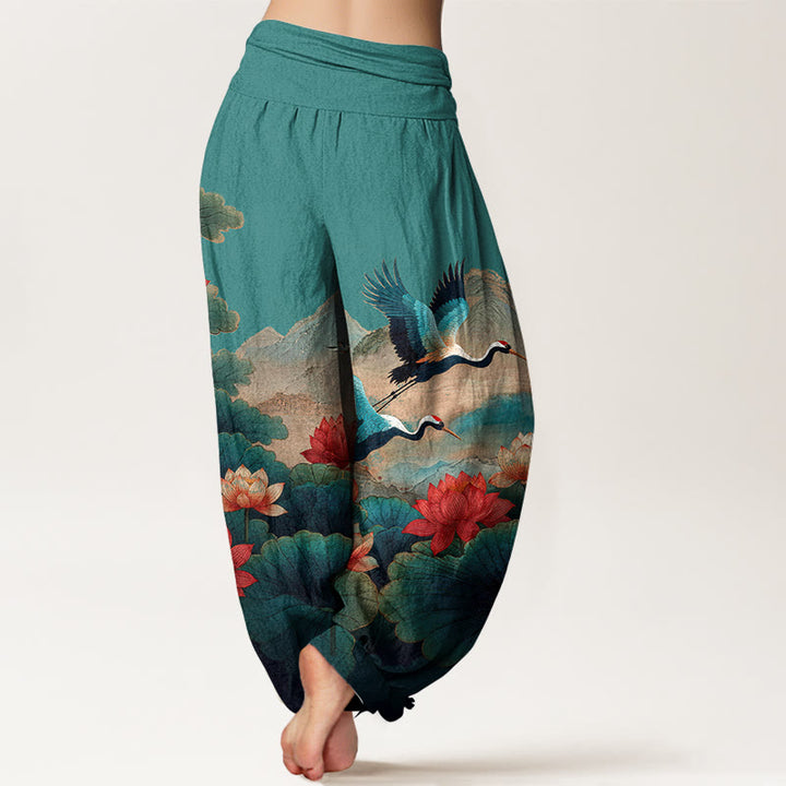 Buddha Stones Pantalon harem pour femme en coton à taille élastique, motif classique de fleur de lotus, de grue et de montagne - image 6